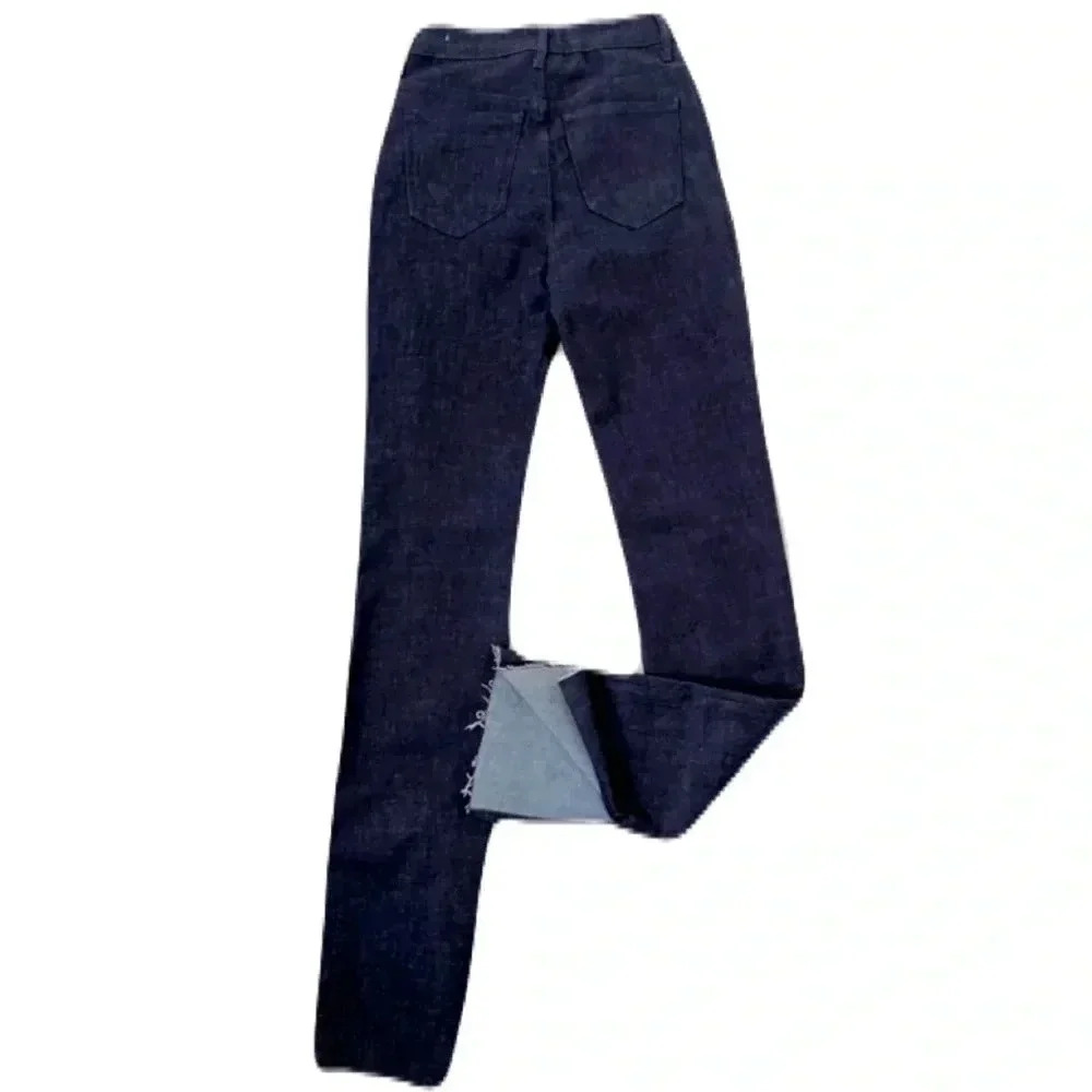 Zara The Olivia jeans deep blue raw hem long inseam botton slits size 4
